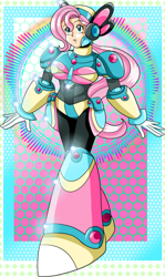 Size: 1139x1916 | Tagged: safe, artist:rockmangurlx, imported from derpibooru, fluttershy, robot, abstract background, armor, crossover, female, gynoid, megaman x, ponytail, reploid, solo, species swap