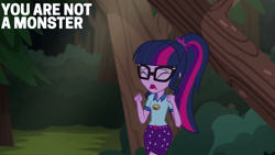 Size: 2000x1125 | Tagged: safe, edit, edited screencap, editor:quoterific, imported from derpibooru, screencap, sci-twi, twilight sparkle, equestria girls, forest, my little pony equestria girls: legend of everfree, nature, solo, tree