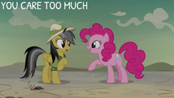 Size: 2000x1125 | Tagged: safe, edit, edited screencap, editor:quoterific, imported from derpibooru, screencap, daring do, pinkie pie, earth pony, pegasus, pony, daring done?, duo, female, mare, raised hoof