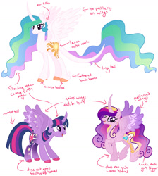 Size: 1280x1427 | Tagged: safe, artist:monochrome-sunsets, imported from derpibooru, princess cadance, princess celestia, twilight sparkle, alicorn, pony, alternate design, cloven hooves, curved horn, feathered fetlocks, horn, leonine tail, simple background, tail, twilight sparkle (alicorn), white background