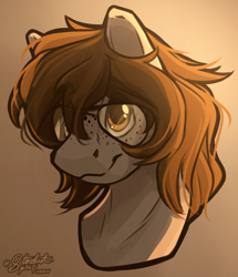 Size: 3100x3600 | Tagged: safe, artist:stardustspix, imported from derpibooru, oc, oc only, oc:stitched laces, earth pony, pony, bust, eye clipping through hair, eyebrows, eyebrows visible through hair, freckles, glasses, gradient background, high res, male, portrait, solo, stallion, sternocleidomastoid