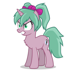 Size: 2800x2800 | Tagged: safe, imported from derpibooru, oc, oc only, oc:magicalmysticva, unicorn, angry, bow, chest fluff, female, green eyes, gritted teeth, hair bow, horn, mare, pigtails, pink body, simple background, solo, teeth, transparent background, twintails, vector