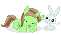 Size: 1920x1106 | Tagged: safe, artist:grapefruit-face, imported from derpibooru, angel bunny, oc, oc:limey lulamoon, pony, rabbit, unicorn, animal, duo, eyes closed, female, filly, floppy ears, foal, freckles, horn, open mouth, parents:canon x oc, playing, simple background, sleeping, transparent background