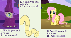 Size: 1920x1024 | Tagged: safe, artist:719418052, edit, edited screencap, imported from derpibooru, screencap, fluttershy, pegasus, pony, worm, amputee, clothes, costume, fluttertree, flutterworm, meme, one of these things is not like the others, prosthetic leg, prosthetic limb, prosthetics, text, tree costume