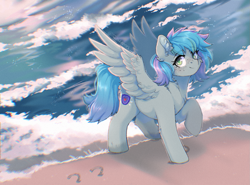 Size: 1443x1067 | Tagged: safe, artist:twinkesss, imported from derpibooru, oc, oc only, oc:virtuous hope, pegasus, beach, hoofprints, ocean, pegasus oc, solo, water, wings