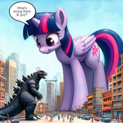 Size: 1024x1024 | Tagged: safe, editor:giantpony, imported from derpibooru, twilight sparkle, alicorn, kaiju, pony, ai assisted, ai content, ai generated, cross-popping veins, crossover, cute, duo, emanata, female, generator:bing image creator, generator:dall-e 3, giant pony, giant twilight sparkle, giantess, godzilla, godzilla (series), larger female, macro, macro/micro, male, phraseit, prompter:giantpony, size difference, smaller male, twiabetes, twilight sparkle (alicorn), wrong cutie mark