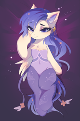 Size: 1481x2226 | Tagged: safe, artist:empress-twilight, imported from derpibooru, oc, oc only, oc:star guardian, oc:violet veil, pegasus, pony, bed, bedroom eyes, belly, belly button, body pillow, body pillow design, chest fluff, clothes, ear fluff, fluffy, hairpin, leotard, long mane, lying down, lying on bed, on bed, ribbon, sheet, socks, solo, wings