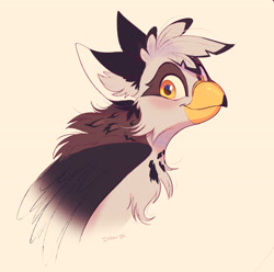 Size: 3312x3290 | Tagged: safe, artist:imalou, imported from derpibooru, oc, oc only, oc:ospreay, griffon, beak, bust, colored, commission, cute, eared griffon, griffon oc, looking at you, portrait, sketch, smiling, smiling at you, solo, watermark