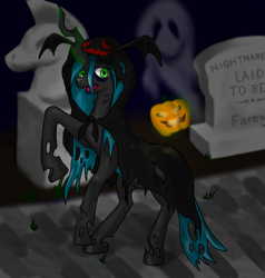 Size: 944x991 | Tagged: safe, artist:パルナス, imported from derpibooru, queen chrysalis, changeling, changeling queen, ghost, undead, cloak, clothes, fake blood, female, glowing, glowing horn, gravestone, halloween, holiday, horn, jack-o-lantern, levitation, magic, magic aura, pumpkin, raised hoof, solo, tail, telekinesis