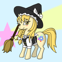 Size: 1000x1000 | Tagged: safe, artist:パルナス, imported from derpibooru, pony, unicorn, blushing, broom, clothes, female, hat, hexagram, horn, kirisame marisa, looking at you, magician, ponified, rule 85, smiling, tail, touhou, witch hat