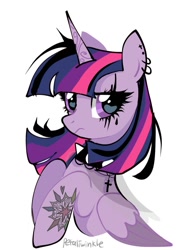 Size: 751x1024 | Tagged: safe, artist:petaltwinkle, imported from derpibooru, twilight sparkle, alicorn, pony, alternate hair color, choker, colored wings, colored wingtips, countershading, cross choker, dyed mane, ear piercing, earring, female, folded wings, frown, goth, horn, jewelry, lidded eyes, looking at you, makeup, mare, multicolored mane, narrowed eyes, piercing, purple coat, purple eyes, raised hooves, signature, simple background, solo, spiked choker, straight mane, tattoo, twilight sparkle (alicorn), two toned wings, unicorn horn, white background, wingding eyes, wings