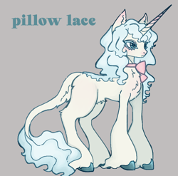 Size: 447x441 | Tagged: safe, artist:junniepiepoopop, imported from derpibooru, oc, oc only, oc:pillow lace, pony, unicorn, blue eyes, blue mane, blue tail, blue text, blushing, chest fluff, colored eyelashes, colored hooves, curly mane, curly tail, ear blush, ear fluff, frown, gradient ears, gradient horn, horn, horn blush, leonine tail, lidded eyes, long horn, long legs, neck bow, nose blush, profile, pubic fluff, shiny hooves, slender, tail, tail fluff, text, thin, unicorn horn, unicorn oc, unshorn fetlocks, white coat, wingding eyes