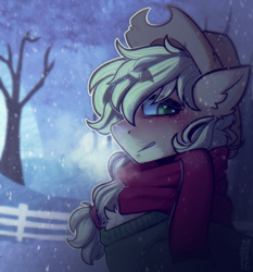 Size: 3366x3612 | Tagged: safe, artist:yumkandie, imported from derpibooru, applejack, earth pony, pony, applejack's hat, breath, bust, clothes, cowboy hat, eye clipping through hair, eyebrows, eyebrows visible through hair, eyelashes, female, fence, fluffy, hairband, hat, heart, heart eyes, high res, looking at you, mare, outline, scarf, signature, smiling, smiling at you, snow, snowfall, solo, sweater, sweet apple acres, tree, wingding eyes, winter