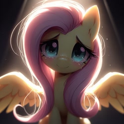 Size: 1024x1024 | Tagged: safe, imported from derpibooru, fluttershy, pegasus, pony, ai content, ai generated, backlighting, blushing, crying, cute, female, generator:dall-e 3, half body, looking at you, mare, prompter:doomguy397, shyabetes, smiling, smiling at you, solo, spread wings, tears of joy, wings