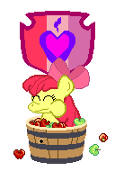 Size: 128x190 | Tagged: safe, artist:soup cream, imported from derpibooru, apple bloom, earth pony, pony, apple, apple bloom's bow, basket, bow, cheek bulge, cutie mark, eating, food, green apple, hair bow, pixel art, simple background, solo, transparent background