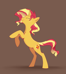 Size: 2300x2554 | Tagged: safe, artist:shanyata, imported from derpibooru, sunset shimmer, pony, unicorn, brown background, eyes closed, female, high res, horn, mare, rearing, round belly, simple background, solo