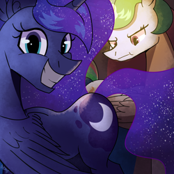 Size: 1750x1750 | Tagged: safe, artist:candy meow, imported from derpibooru, princess celestia, princess luna, alicorn, pony, 2024 solar eclipse, :t, alicorn eclipse, blocking, celestia is not amused, duo, eclipse, female, grin, luna eclipsing celestia, mare, royal sisters, siblings, sisters, smiling, solar eclipse, unamused