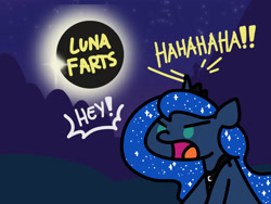 Size: 1800x1350 | Tagged: safe, artist:flutterluv, imported from derpibooru, princess luna, alicorn, pony, series:flutterluv's full moon, angry, eclipse, fart joke, female, graffiti, implied princess celestia, implied trollestia, laughing, mare, offscreen character, open mouth, solar eclipse, solo, text