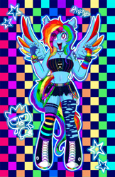 Size: 3300x5100 | Tagged: safe, artist:mscolorsplash, imported from derpibooru, rainbow dash, anthro, pegasus, unguligrade anthro, 20% cooler, badtz maru, belly button, bracelet, breasts, busty rainbow dash, checkered background, cleavage, clothes, colored wings, daisy dukes, ear piercing, earring, eye clipping through hair, eyebrow piercing, eyestrain warning, female, fingerless gloves, fishnet gloves, gloves, high res, jewelry, mare, midriff, multicolored wings, open mouth, open smile, painted nails, piercing, rainbow punk, rainbow wings, scene, shorts, smiling, sneaker boots, socks, spread wings, stars, stockings, tattoo, thigh highs, tongue out, tongue piercing, wings