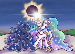 Size: 3501x2509 | Tagged: safe, artist:stupidcosplayer, imported from derpibooru, princess celestia, princess luna, alicorn, pony, 2024 solar eclipse, concave belly, crown, eclipse, female, floppy ears, glowing, glowing horn, horn, jewelry, magic, mare, regalia, royal sisters, siblings, sisters, smiling, solar eclipse