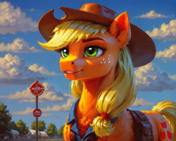 Size: 1200x960 | Tagged: prompter needed, source needed, safe, imported from derpibooru, applejack, ai content, ai generated, applejack's hat, clothes, cloud, cowboy hat, generator:pony diffusion v6 xl, generator:stable diffusion, hat