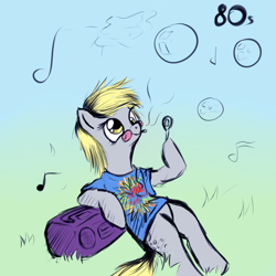 Size: 900x900 | Tagged: safe, artist:80s, imported from derpibooru, derpy hooves, boom box, boombox, bubble, bubble wand, drugs, glasses, gradient background, joint, marijuana, music notes, solo
