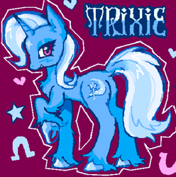 Size: 432x436 | Tagged: safe, artist:junniepiepoopop, imported from derpibooru, trixie, pony, unicorn, alternate eye color, blue coat, blue mane, blue tail, blue text, blush scribble, blushing, butt fluff, coat markings, colored hooves, ear fluff, eyeshadow, facial markings, female, floating heart, heart, horn, lidded eyes, long mane, long tail, looking at you, makeup, mare, outline, pink eyes, profile, raised hoof, shiny hooves, shiny mane, shiny tail, smiling, smiling at you, solo, standing, star (coat marking), tail, text, thin, two toned mane, two toned tail, underhoof, unicorn horn, unshorn fetlocks, wavy mane, wingding eyes