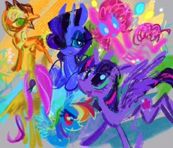 Size: 1476x1258 | Tagged: safe, artist:sandwichandeggs, imported from derpibooru, applejack, fluttershy, pinkie pie, rainbow dash, rarity, twilight sparkle, alicorn, pegasus, pony, unicorn, abstract background, alternate color palette, alternate eye color, applejack's hat, balloon, big eyes, blue coat, blue sclera, blush sticker, blushing, bust, colored eyelashes, colored sclera, cowboy hat, drawn from memory, eye clipping through hair, eyeshadow, female, green eyes, hair over one eye, hat, horn, lidded eyes, lineless, long legs, long mane, long tail, looking up, makeup, mane six, mare, multicolored hair, multicolored mane, multicolored tail, narrowed eyes, no mouth, open mouth, open smile, orange coat, pink mane, pink sclera, pink tail, purple coat, purple eyes, purple mane, purple tail, rainbow hair, raised hoof, red eyes, smiling, spread wings, standing, stylized, tail, thin, twilight sparkle (alicorn), wall of tags, wavy mane, white pupils, wide stance, wingding eyes, wings, yellow coat, yellow eyes, yellow sclera