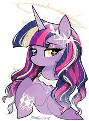 Size: 752x1024 | Tagged: safe, artist:petaltwinkle, imported from derpibooru, twilight sparkle, alicorn, pony, alternate accessories, alternate design, alternate eye color, alternate hair color, alternate hairstyle, bust, choker, colored wings, colored wingtips, cross choker, curly mane, ethereal mane, eyeshadow, female, folded wings, gradient mane, halo, headpiece, heart, heart eyes, heterochromia, horn, lace, lidded eyes, looking back, makeup, mare, multicolored mane, raised hooves, signature, simple background, smiling, solo, sparkly mane, starry eyes, starry mane, twilight sparkle (alicorn), two toned wings, unicorn horn, white background, wingding eyes, wings