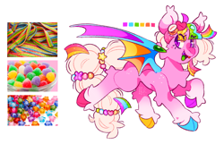 Size: 2048x1318 | Tagged: safe, artist:cocopudu, imported from derpibooru, oc, oc only, oc:jubilee gumdrop, bat pony, pony, bat pony oc, bat wings, candy, cloven hooves, colored wings, eye clipping through hair, eyebrows, eyebrows visible through hair, food, hooves, multicolored hooves, multicolored wings, open mouth, open smile, simple background, smiling, solo, unshorn fetlocks, white background, wings