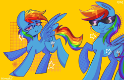 Size: 1856x1200 | Tagged: safe, artist:inzomniak, imported from derpibooru, rainbow dash, pegasus, pony, :>, backwards cutie mark, female, folded wings, looking at you, mare, raised hoof, signature, simple background, smiling, smiling at you, solo, spread wings, standing on two hooves, stars, sunglasses, unshorn fetlocks, wings, yellow background