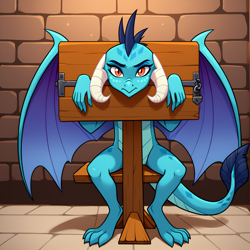 Size: 1400x1400 | Tagged: prompter needed, source needed, safe, imported from derpibooru, princess ember, dragon, ai content, ai generated, bondage, claws, dragoness, feet, female, horns, sitting, solo, stocks, tail, wings
