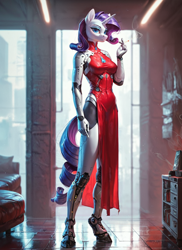 Size: 1024x1408 | Tagged: safe, imported from derpibooru, rarity, anthro, unguligrade anthro, ai content, ai generated, breasts, busty rarity, cigarette, clothes, cybernetic arm, cybernetic legs, cyberpunk, dress, female, generator:pony diffusion v6 xl, generator:stable diffusion, prompter:star-dragon, smoke, smoking, solo