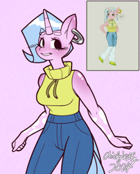 Size: 848x1052 | Tagged: safe, artist:chiefywiffy, imported from derpibooru, oc, oc only, oc:chiefy, anthro, unicorn, anthro oc, clothes, denim, ear piercing, female, horn, jeans, pants, piercing, simple background, sleeveless, sleeveless sweater, solo, sweater