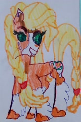 Size: 2740x4160 | Tagged: artist needed, safe, imported from derpibooru, applejack, earth pony, pony, applejack (g5 concept leak), braid, drawing, female, g5 concept leak style, g5 concept leaks, mare, photo, smiling, solo, trace, traditional art