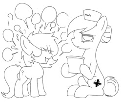 Size: 762x640 | Tagged: safe, artist:omelettepony, nurse redheart, oc, oc:filly anon, earth pony, pony, coffee, coffee pot, eyes closed, female, filly, hat, mare, monochrome, open mouth, sitting, speech bubble, tired