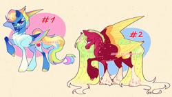 Size: 1280x721 | Tagged: safe, artist:sadelinav, imported from derpibooru, oc, oc only, pegasus, pony, blaze (coat marking), coat markings, colored wings, cousins, duo, duo female, facial markings, female, flower, flower in hair, flower in tail, grin, heterochromia, high res, large wings, looking at you, magical lesbian spawn, mare, multicolored wings, offspring, one wing out, parent:applejack, parent:big macintosh, parent:fluttershy, parent:rainbow dash, parents:appledash, parents:fluttermac, pegasus oc, rainbow wings, raised hoof, simple background, smiling, smiling at you, smirk, tail, unshorn fetlocks, wings, yellow background