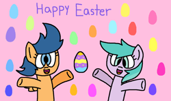 Size: 1284x760 | Tagged: safe, artist:gillianthecreator36, imported from twibooru, first base, earth pony, pegasus, pony, adorabase, arms in the air, aura (g4), aurabetes, best friends, cheerful, cute, duo, easter, easter egg, egg, excited, female, filly, hands in the air, happy, happy easter, holiday, image, open mouth, open smile, pegasus first base, pink background, png, race swap, simple background, wind, windswept hair, windswept mane
