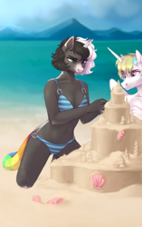 Size: 612x974 | Tagged: safe, artist:sparkling_light, imported from derpibooru, oc, alicorn, anthro, unicorn, beach, bikini, breasts, clothes, female, horn, male, reasonably sized breasts, sandcastle, swimsuit