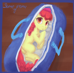 Size: 3064x3000 | Tagged: safe, artist:some_ponu, imported from derpibooru, apple bloom, earth pony, pony, adorabloom, bag, blank flank, cute, duffle bag, female, filly, foal, looking at you, pony in a bag, signature, solo