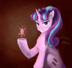 Size: 3000x2849 | Tagged: safe, artist:some_ponu, imported from derpibooru, starlight glimmer, pony, unicorn, evil grin, female, furrowed brow, grin, horn, jar, looking at you, mare, s5 starlight, smiling, smiling at you, solo, twilight sparkle's cutie mark