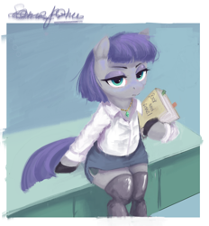 Size: 2304x2480 | Tagged: safe, artist:some_ponu, artist:t72b, imported from derpibooru, maud pie, earth pony, pony, book, clothes, female, jewelry, mare, office lady, sitting, socks, solo, thigh highs, waifu material