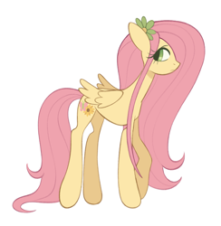 Size: 2000x2048 | Tagged: safe, artist:risswm, imported from derpibooru, fluttershy, pegasus, pony, alternate cutie mark, concave belly, female, flower, flower in hair, high res, long legs, long mane, looking back, mare, simple background, solo, thin, white background