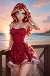 Size: 1024x1536 | Tagged: safe, editor:sammykun, imported from derpibooru, sunset shimmer, human, ai content, ai generated, bare shoulders, beach, beautiful, blurry background, breasts, busty sunset shimmer, cleavage, clothes, cloud, coast, dress, female, flower, generator:yodayo, hand on hair, humanized, legs, long hair, looking at you, ocean, off shoulder, outdoors, pose, prompter:sammykun, railing, reasonably sized breasts, red dress, rose, skinny, skirt, sleeveless, sleeveless dress, slender, smiling, smiling at you, solo, strapless, sunset, thighs, thin, turquoise eyes, water, wood