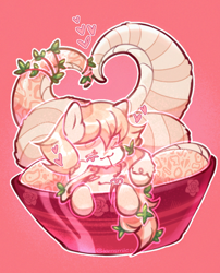 Size: 768x949 | Tagged: safe, artist:iamsmileo, imported from derpibooru, oc, oc only, oc:ichordrop, oc:peach "cassiopeia" blossom, lamia, original species, snake, bindings, bowl, cuddling, duo, duo female, eyes closed, female, flower, forked tongue, heart, leaves, leaves in hair, siblings, signature, simple background, sisters, snakepony, striped tail, tail, tongue out
