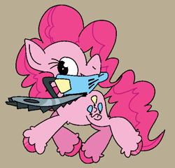 Size: 562x540 | Tagged: safe, artist:the---robbie72, imported from derpibooru, pinkie pie, earth pony, pony, brown background, chainsaw, female, mare, mouth hold, simple background, smiling, solo, unshorn fetlocks