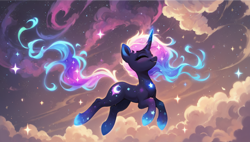 Size: 1920x1088 | Tagged: prompter needed, safe, edit, imported from derpibooru, oc, oc only, unicorn, ai content, ai generated, cloud, ethereal mane, ethereal tail, eyes closed, female, floating, full body, generator:autismmix confetti, generator:novelai, generator:stable diffusion, glowing, glowing horn, horn, mare, nebula, side view, smiling, solo, stars, tail, unicorn oc, wallpaper