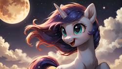 Size: 2560x1440 | Tagged: safe, imported from derpibooru, oc, oc only, pony, unicorn, ai content, ai generated, cloud, female, floating, generator:autismmix confetti, generator:stable diffusion, horn, mare, moon, night, prompter:truekry, sky, smiling, solo, stars, unicorn oc