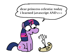 Size: 1617x1290 | Tagged: safe, artist:punkittdev, imported from derpibooru, twilight sparkle, pony, unicorn, c++, cute, dear princess celestia, dialogue, female, horn, javascript, mare, parchment, programming, quill, simple background, sitting, solo, speech bubble, twiabetes, unicorn twilight, white background