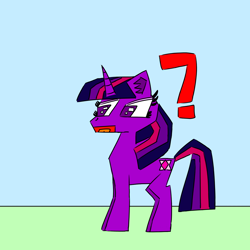 Size: 1500x1500 | Tagged: safe, artist:icycrymelon, imported from derpibooru, twilight sparkle, pony, unicorn, blue background, confused, horn, open mouth, question mark, simple background, solo, standing